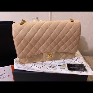 2017/18 Beige Double Flap Maxi in Caviar Leather with Gold Hardware